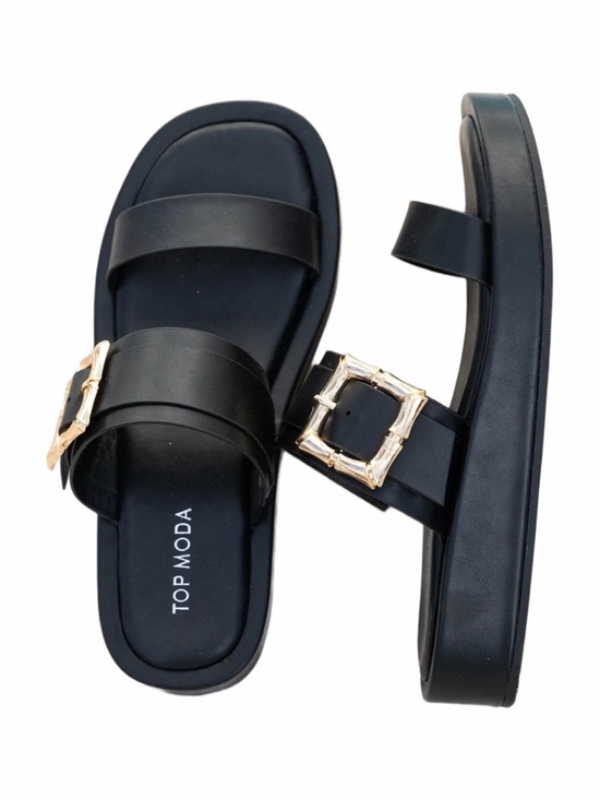 TOP Moda Shoes - TOP Moda Black Slide Sandals with Decorative Gold Buckle